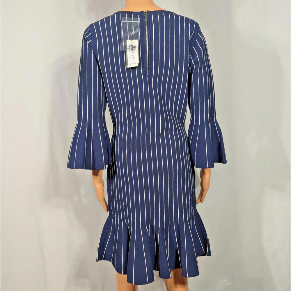 NWT MILLY Pinstripe Dress Navy/White Size L Flair Skirt Party Cocktail Workwear - Picture 5 of 9